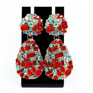 Wiwpar Red Crystal Rhinestone Teardrop Dangle Earrings Statement Geometric Glam